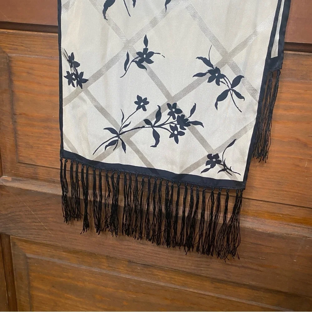 Vintage Talbots Silk Scarf Ivory and Black Floral Print Fringe Ends